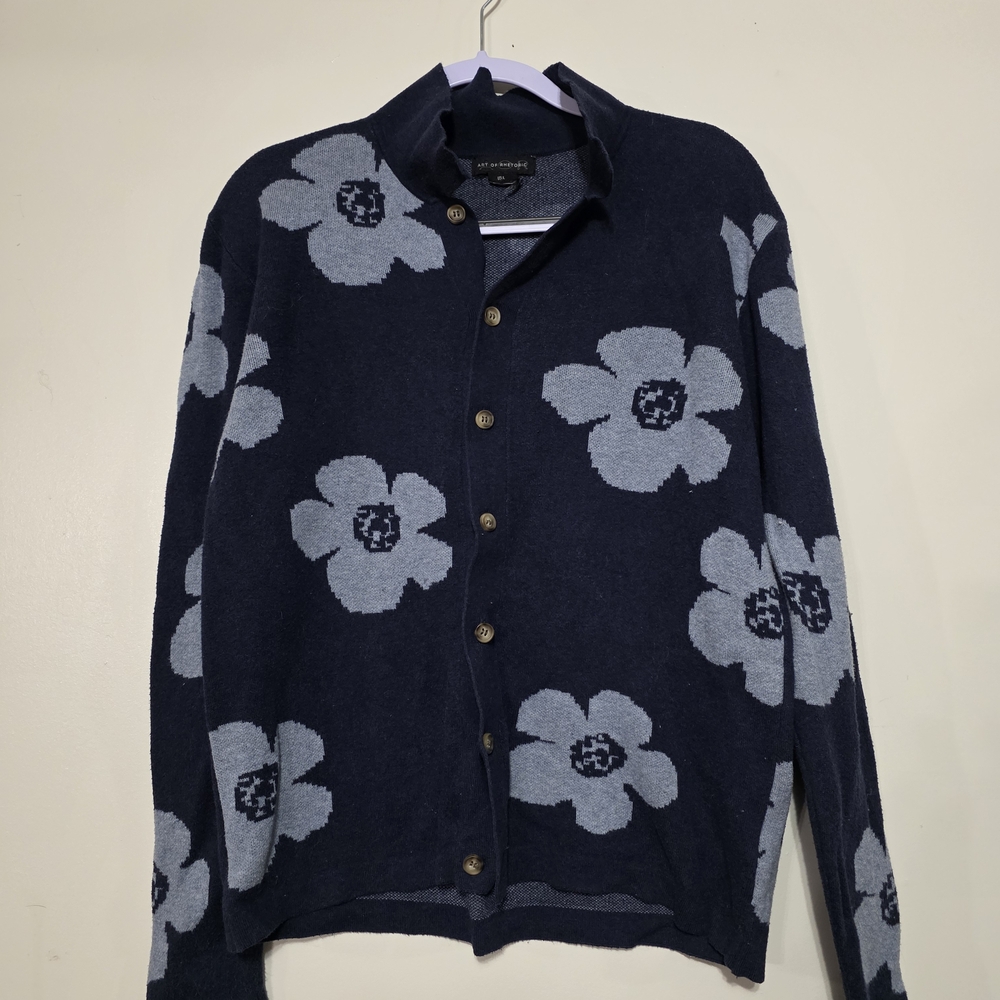 Men's Dark Blue Floral Cardigan Sweater